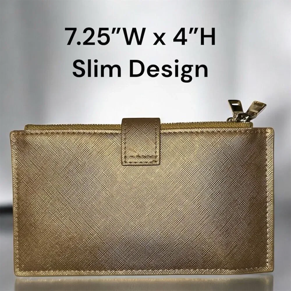 Travelambo Gold RFID Blocking Double Snap and  Zipper Slim Wallet with ID Window
